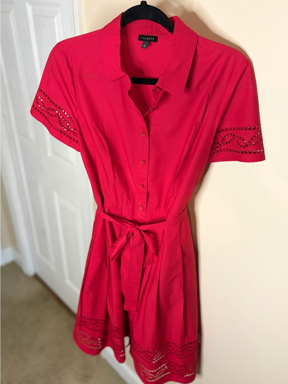 Talbots Vibrant Red Eyelet Tie-Waist Pleated Dress #1241